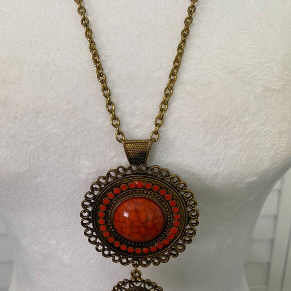 Vintage 70s Gold and Orange Pendant Necklace with Tassel Accent 29" #392 - Picture 4 of 6